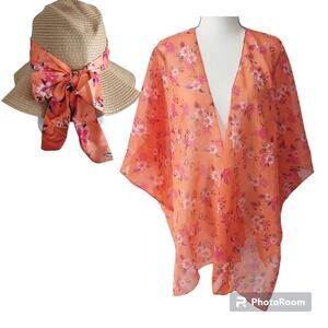 Steve Madden Orange Floral Packable Summer Beach Hat Swimsuit Cover Wrap set NWT